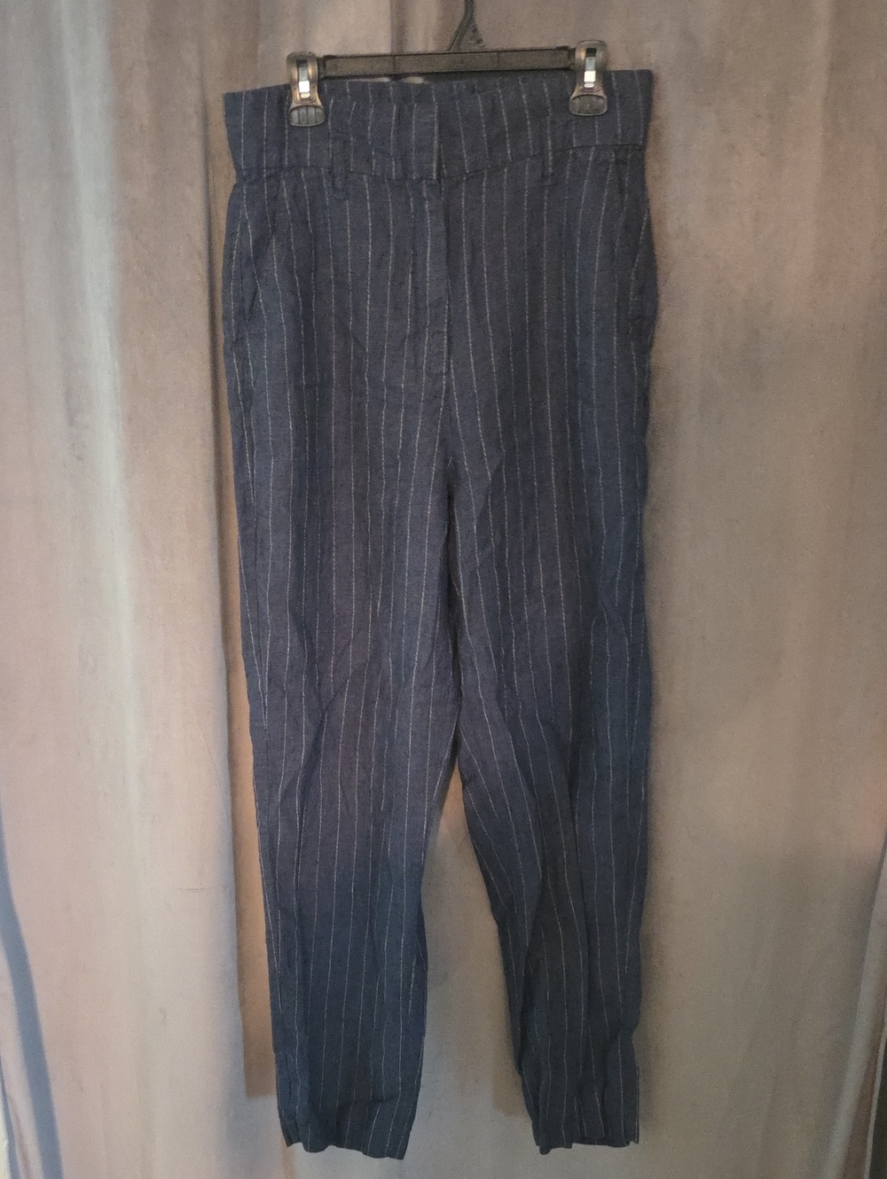 Catherine Malandrino Size 10 Navy Pinstripe Trousers 100% LINEN